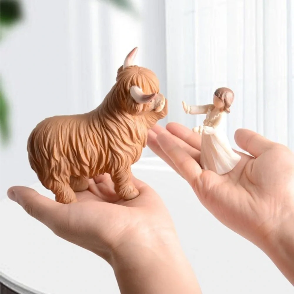 Highland Cow and Girl Resin Figurine Rustic‎ Farmhouse Decor 6.7 Inch Brown